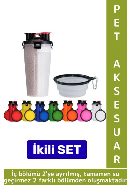 Günlük Seyahat Tipi Evcil Hayvan 2 Iç Bölmeli Portatif Pet Kedi Köpek Mama Su Kabı Taşıma Seti