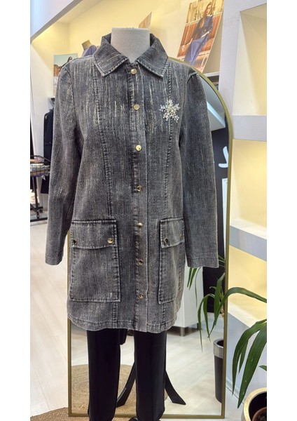 6016 Tam Boy Düğmeli Kemer Detayli Kap Siyah