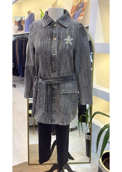 6016 Tam Boy Düğmeli Kemer Detayli Kap Siyah fırsatları