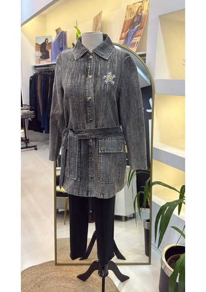 6016 Tam Boy Düğmeli Kemer Detayli Kap Siyah indirimleri