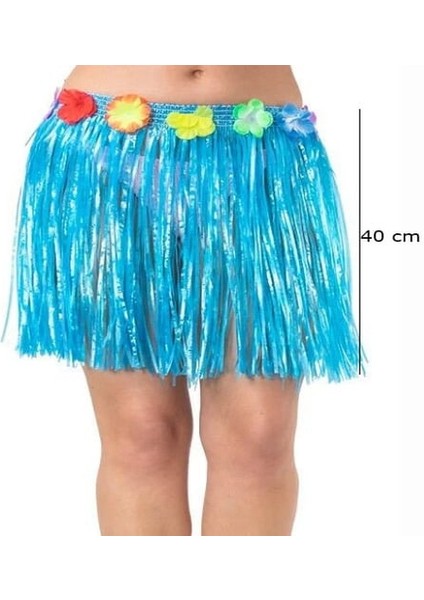 Yetişkin ve Çocuk Uyumlu Mavi Renk Püsküllü Hawaii Luau Hula Etek 40 cm