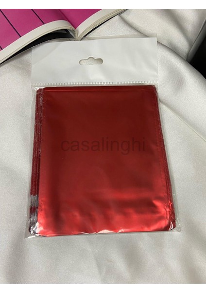 Kırmızı Tek Renk Lüx Hediye Paketi Metalize Poşet Bantlı Red Gift Wrap 11X12 cm (Kırmızı) 50LI