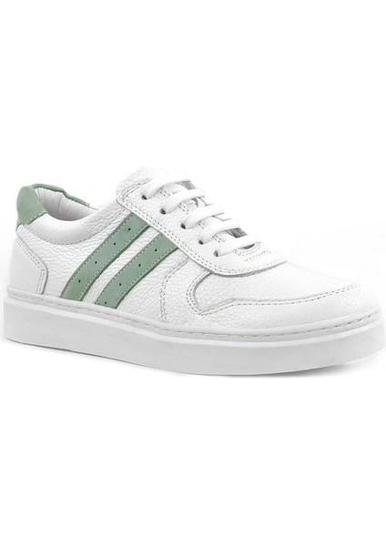 Hakiki Deri Beyaz Yeşil Bağcıklı Fermuarlı Çocuk Sneaker