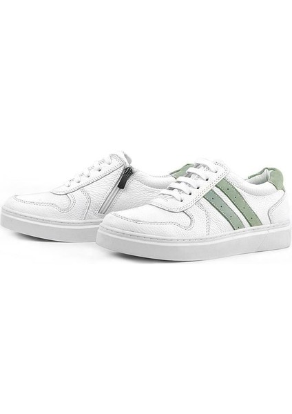 Hakiki Deri Beyaz Yeşil Bağcıklı Fermuarlı Çocuk Sneaker indirimleri