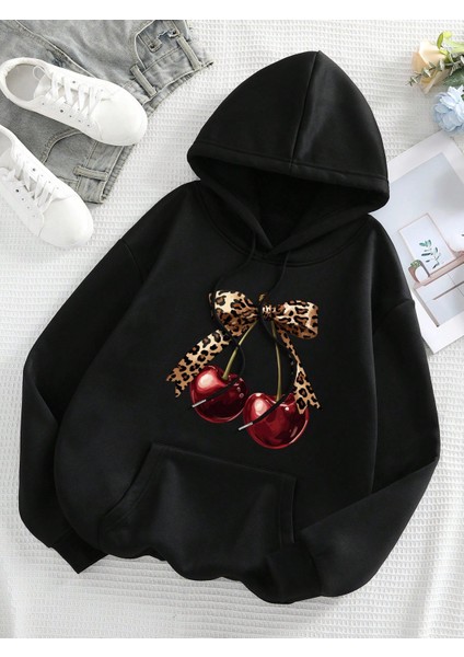 Kadın Baskılı Sweatshırt Kapüşonlu Oversize 3 Iplik Pamuklu