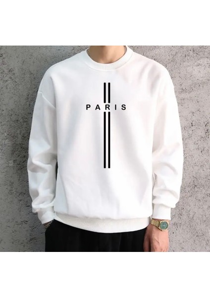 Büyük Beden Özel Tasarım Paris Dikey Çift Şerit Baskılı Yeni Trend Oversize Erkek Sweatshırt