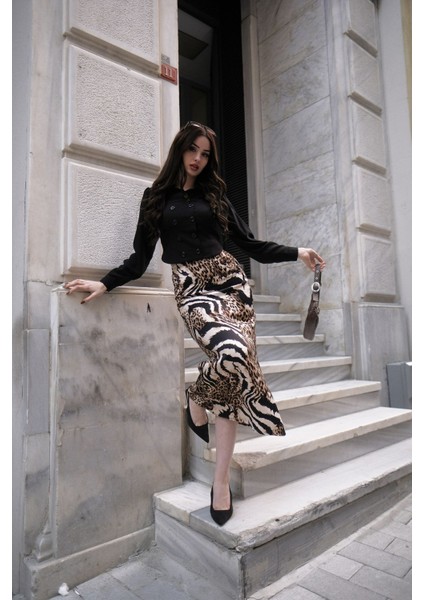 Bej Renkli Zebra Desenli Ipek Saten Etek