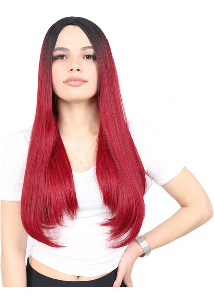 Fiber Sentetik Uzun Düz Peruk / Siyah / Kızıl Ombreli