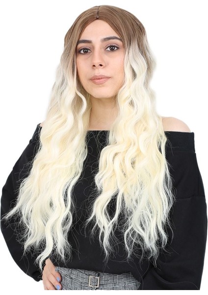 Su Dalgası Uzun Perçemsiz Fiber Sentetik Peruk / Kumral / Platin Ombreli