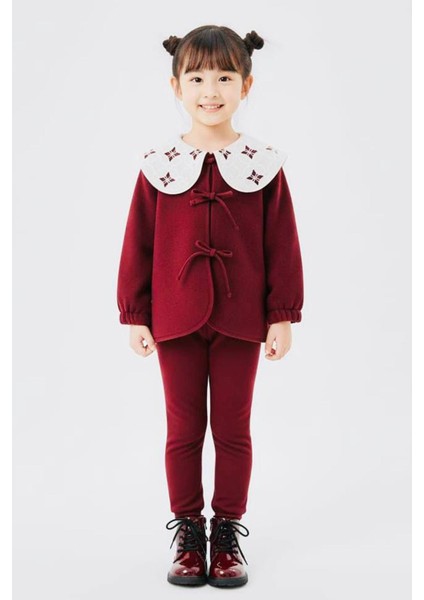 Fiyonklu Geniş Yaka Polar Kız Çocuk Kışlık 2’li takım - Bordo