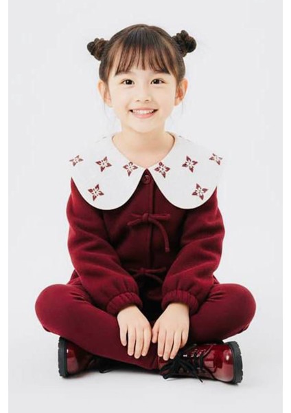Fiyonklu Geniş Yaka Polar Kız Çocuk Kışlık 2’li takım - Bordo modelleri