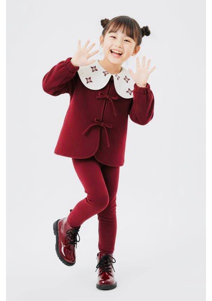 Fiyonklu Geniş Yaka Polar Kız Çocuk Kışlık 2’li takım - Bordo fırsatları