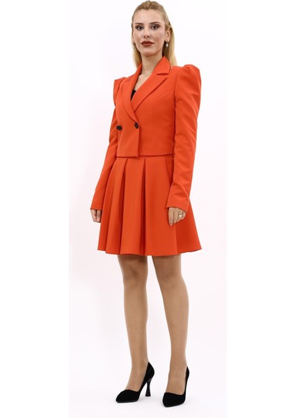 Gömlek Yaka Kısa Ceket & Kısa Kloş Etek-Turuncu indirimleri