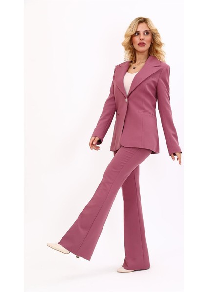 Erkek Yaka Tek Düğmeli Klasik Ceket & Ispanyol Paça Pantolon-Rose