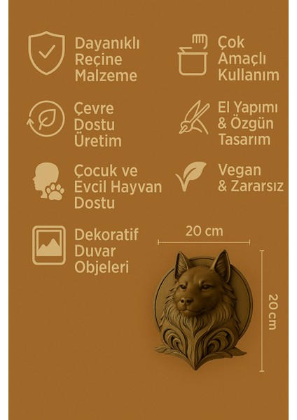 Dekoratif Bozkurt Gold Hediyelik Ofis Ev Dekoru 20 x 20 cm