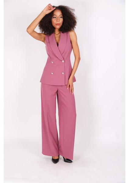 Abiye Yelek & Yüksek Bel Bol Paça Pantolon Takım-Rose