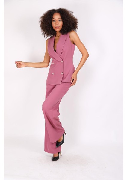 Abiye Yelek & Yüksek Bel Bol Paça Pantolon Takım-Rose fırsatları