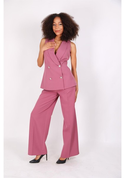 Abiye Yelek & Yüksek Bel Bol Paça Pantolon Takım-Rose indirimleri