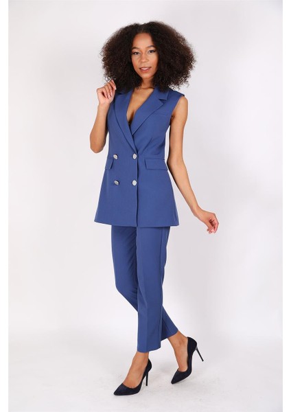 Blazer Yelek & Boru Paça Pantolon-Indigo