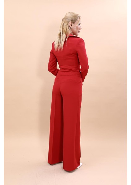 Gömlek Yaka Kuruvaze Kısa Ceket & Korsaj Kemer Palazzo Pantolon-Kırmızı fırsatları