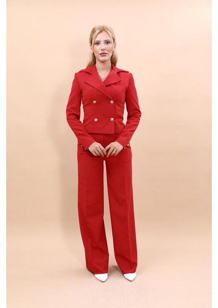 Gömlek Yaka Kuruvaze Kısa Ceket & Korsaj Kemer Palazzo Pantolon-Kırmızı indirimleri