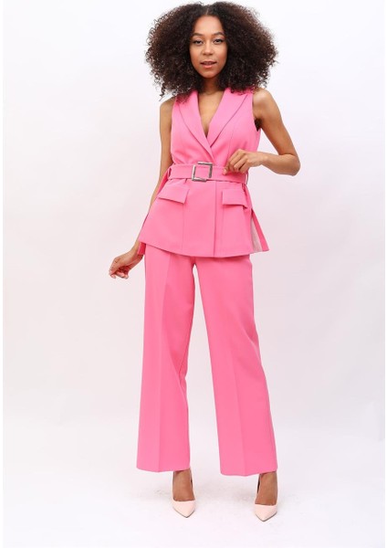Kemerli Klasik Yelek & Bol Paça Pantolon Takım-Pembe modelleri