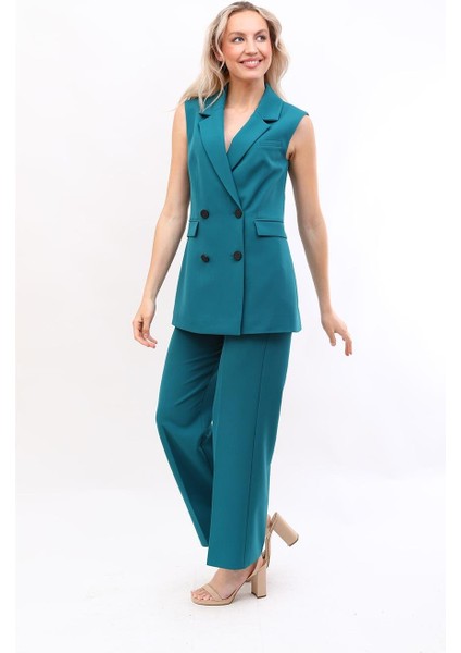 Blazer Yelek & Bol Paça Pantolon-Petrol