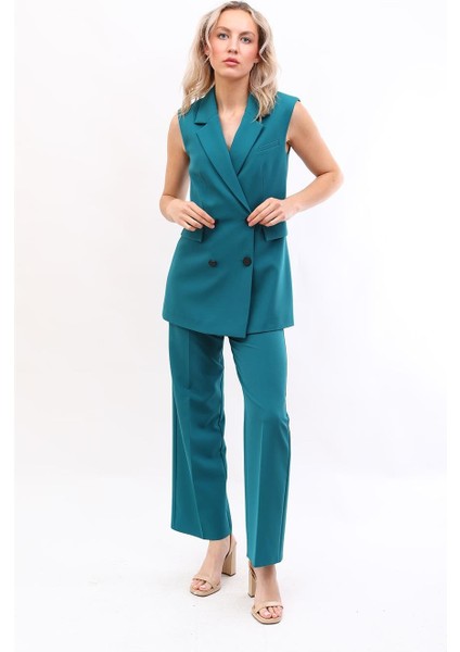 Blazer Yelek & Bol Paça Pantolon-Petrol fırsatları