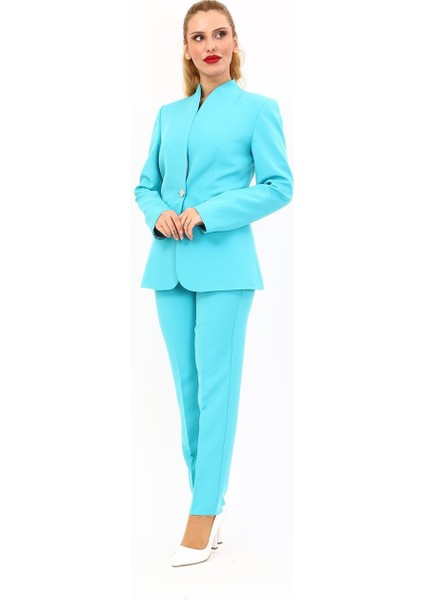 Kendinden Dik Yakalı Ceket & Dar Paça Pantolon-Turkuaz