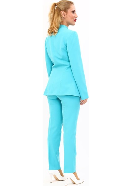 Kendinden Dik Yakalı Ceket & Dar Paça Pantolon-Turkuaz fırsatları