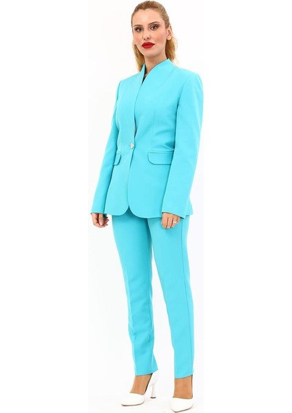 Kendinden Dik Yakalı Ceket & Dar Paça Pantolon-Turkuaz indirimleri