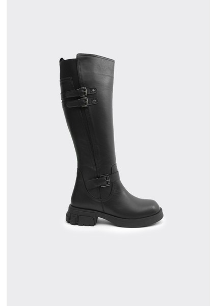 Tokalı Hakiki Deri Fermuarlı Kadın Çizme