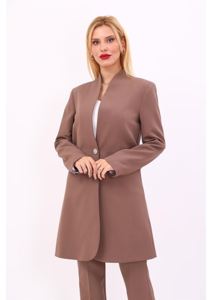 Kendinden Dik Yakalı Tek Düğmeli Uzun Ceket-Kahve