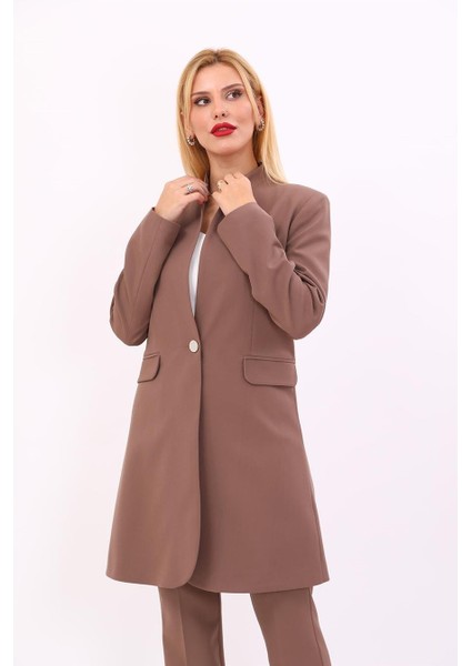 Kendinden Dik Yakalı Tek Düğmeli Uzun Ceket-Kahve fiyatları