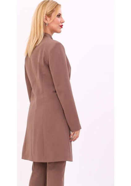 Kendinden Dik Yakalı Tek Düğmeli Uzun Ceket-Kahve fırsatları