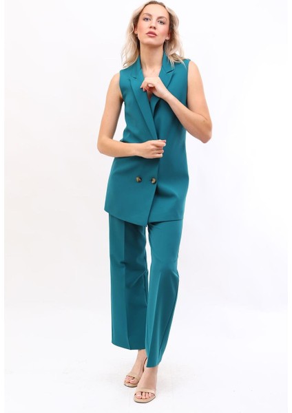 Midi Boy Klasik Yelek & Bol Paça Pantolon-Petrol fiyatları