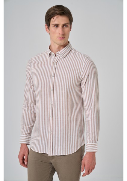 Erkek Vizon Slim Fit Düğmeli Yaka Gömlek