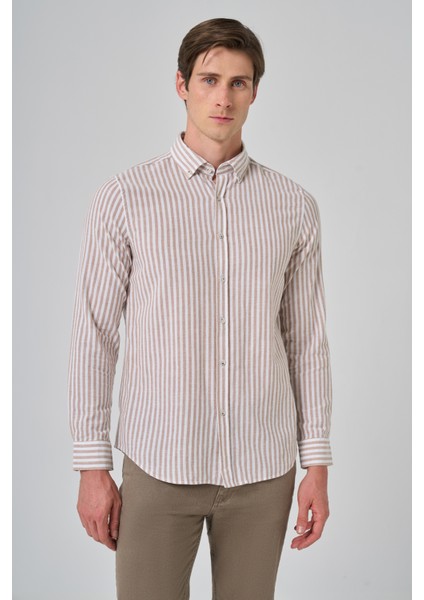 Erkek Vizon Slim Fit Düğmeli Yaka Gömlek modelleri