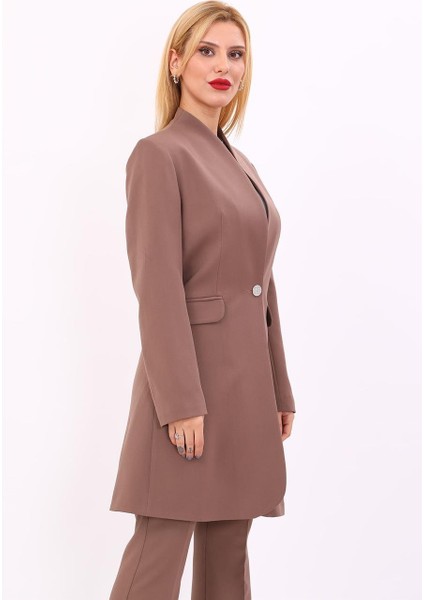 Kendinden Dik Yakalı Tek Düğmeli Uzun Ceket-Kahve indirimleri