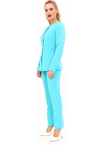 Sıfır Yaka Boydan Düğmeli Ceket & Dar Paça Pantolon-Turkuaz fiyatları
