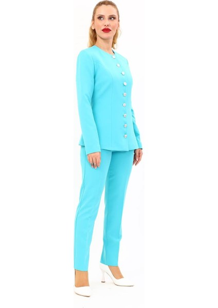 Sıfır Yaka Boydan Düğmeli Ceket & Dar Paça Pantolon-Turkuaz modelleri