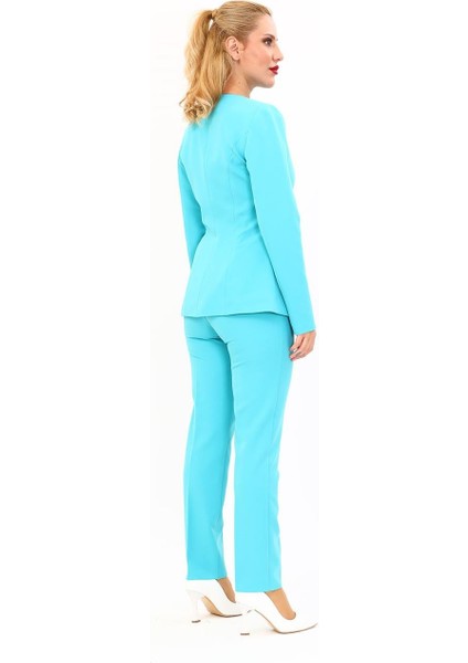 Sıfır Yaka Boydan Düğmeli Ceket & Dar Paça Pantolon-Turkuaz fırsatları