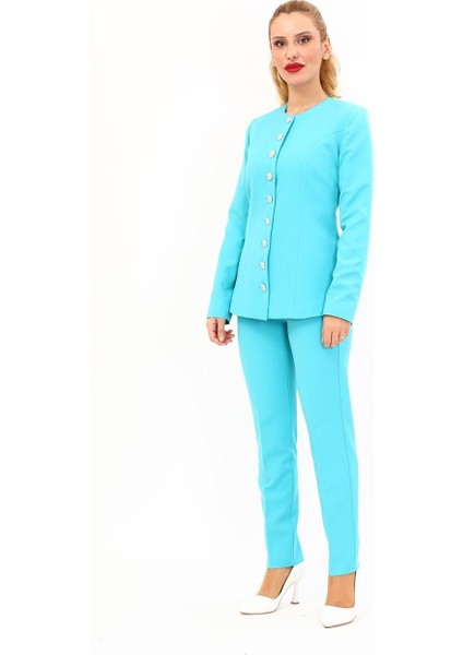 Sıfır Yaka Boydan Düğmeli Ceket & Dar Paça Pantolon-Turkuaz indirimleri