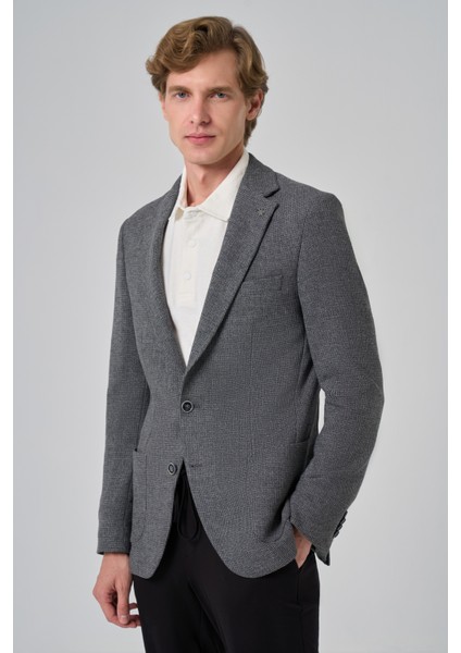Erkek Siyah Poliviskon Trend Desenli Slim Fit Mono Yaka Dokuma Ceket