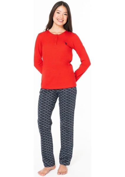 20146B Kadın Kırmızı Yuvarlak Yaka Uzun Kollu Pijama Takımı