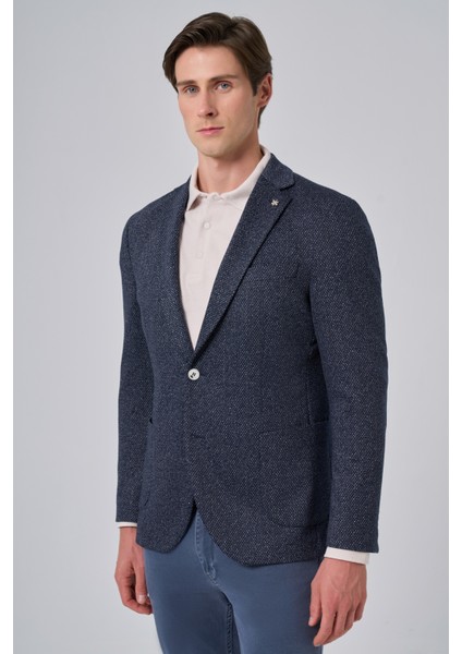 Erkek Lacivert Örme Trend Desenli Slim Fit Mono Yaka Ceket modelleri
