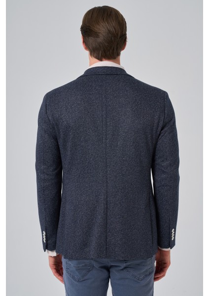 Erkek Lacivert Örme Trend Desenli Slim Fit Mono Yaka Ceket