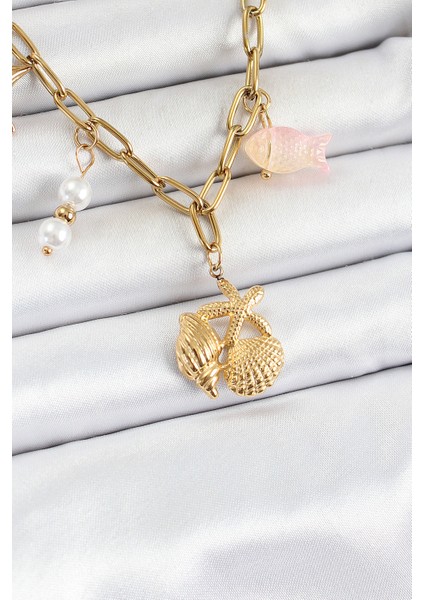 316L Çelik Gold Renk Deniz Yıldızı ve Deniz Kabuğu Konsept Kadın Kolye