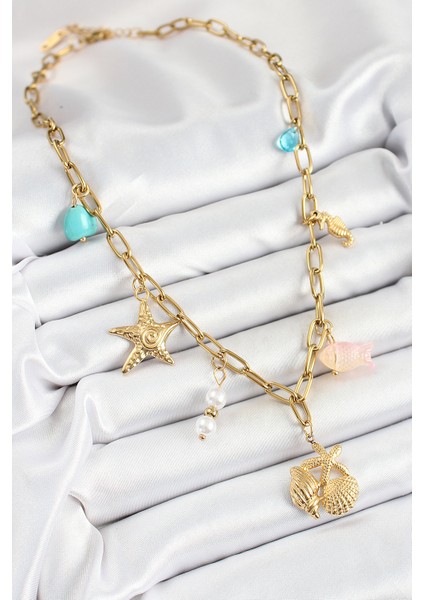 316L Çelik Gold Renk Deniz Yıldızı ve Deniz Kabuğu Konsept Kadın Kolye fiyatları