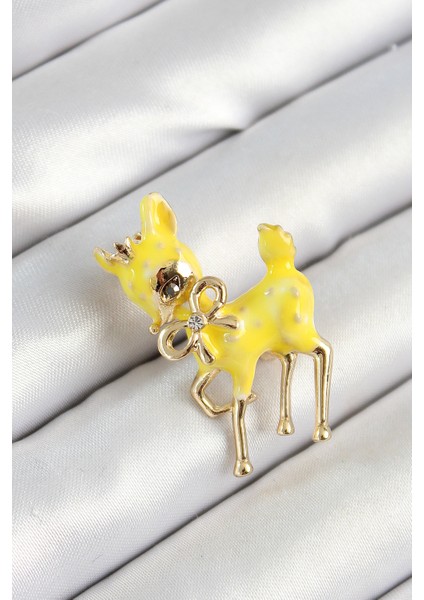 Zirkon Taşlı Fiyonk Detaylı 3D Sarı Ceylan Figürlü Gold Renk Kadın Broş